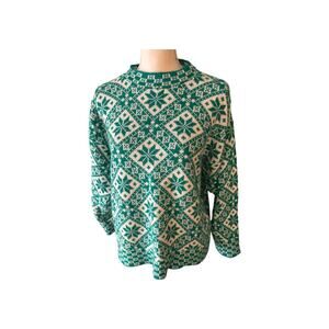 Vintage Holiday Sweater L Green White Snowflake Pattern Mock Neck